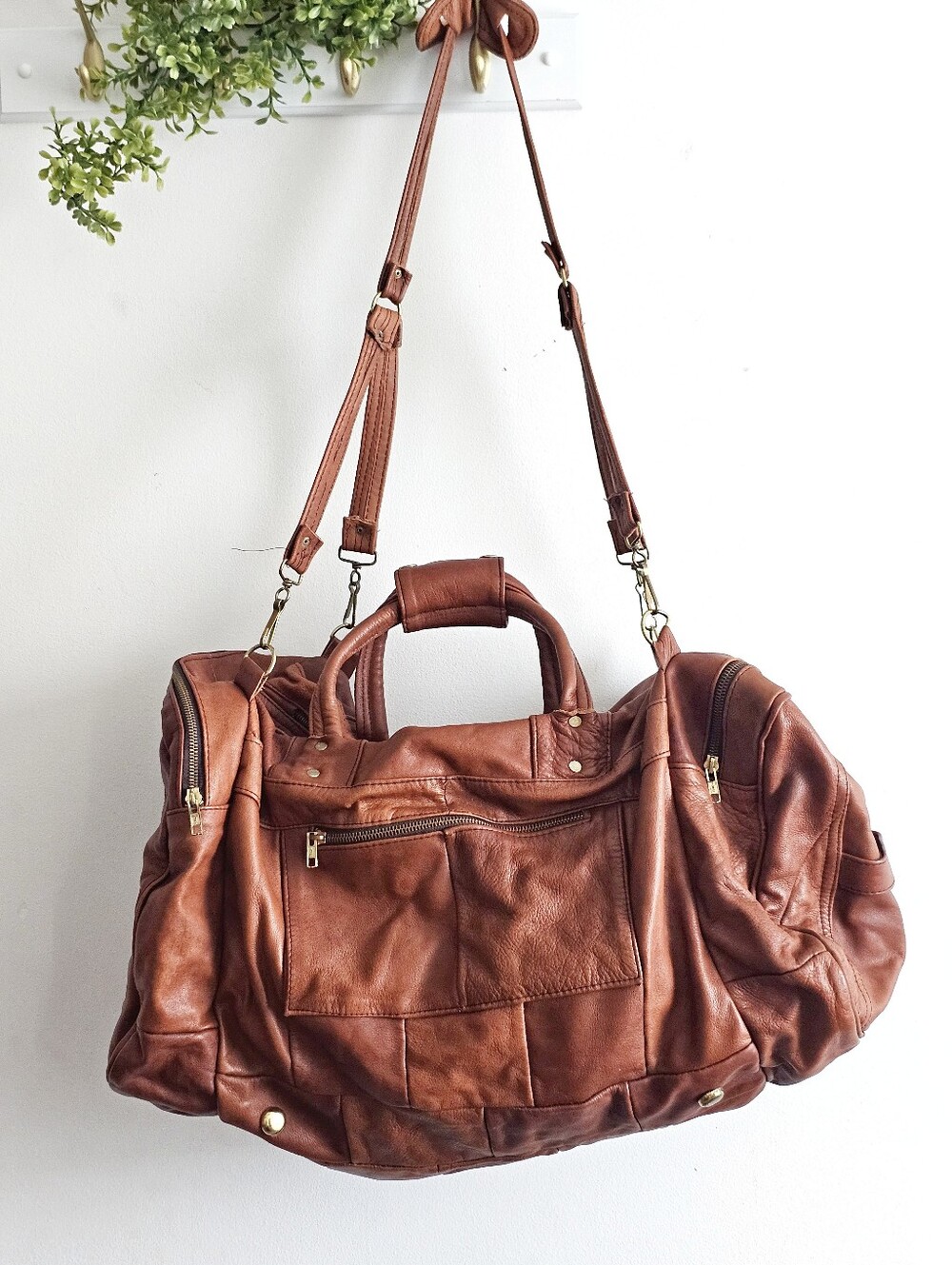 Vintage Genuine Leather Patchwork Weekender Duffel Travel Bag Cognac Brown Large - Picture 11 of 15